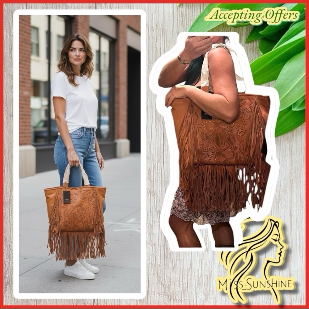 FRYE NWT - tan 100% genuine Leather laser cut fringe Tote bag - roomy